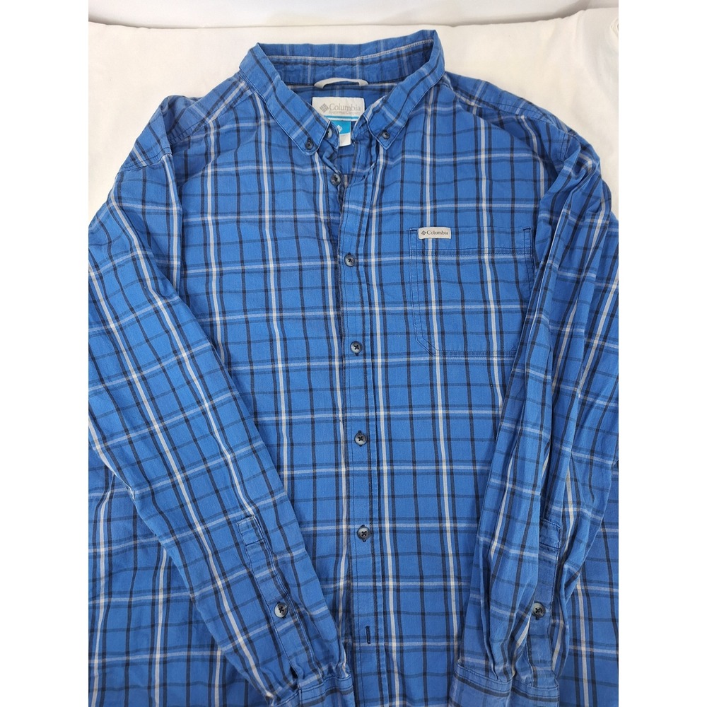 Columbia Mens XXL Blue Plaid Long Sleeve Button Down Shirt Cotton Blend Outdoor